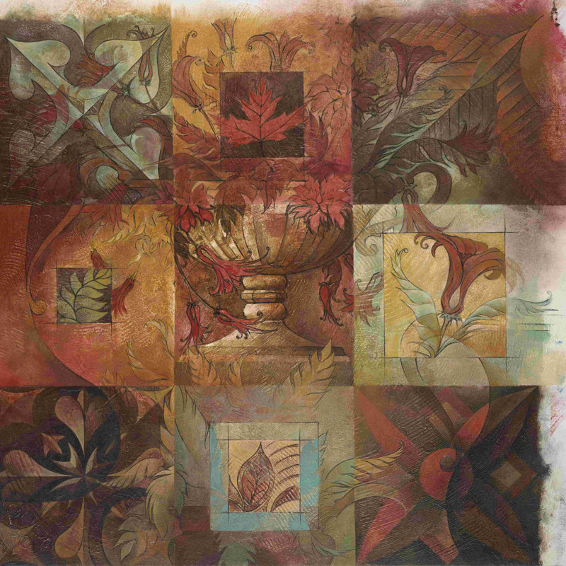 Feuilles et motifs - peinture sur toile tendue, H 20 po x l 20 po