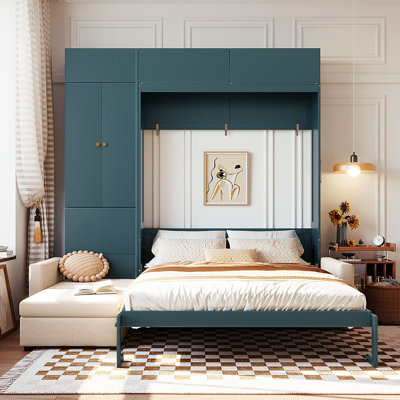Grand lit escamotable mural avec canapé et tablettes de rangement - Grand lit pliable pour petits appartements, canapé beige