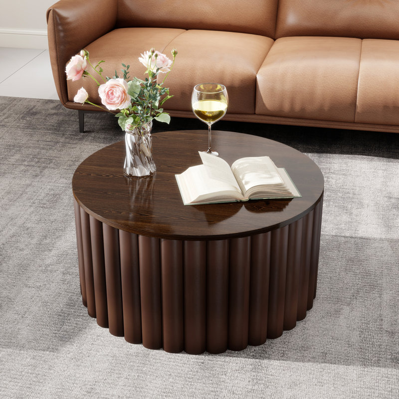 Table basse à plateau relevable moderne avec rangement en relief fabriqué à la main, base piédestal robuste, Brun