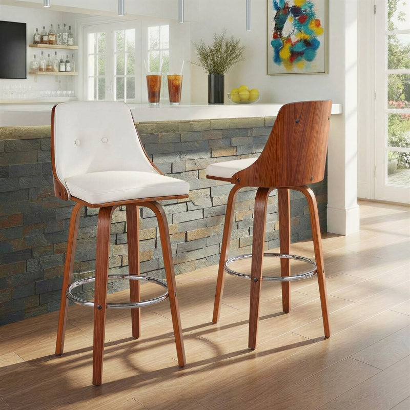 Archaimbaud Fixed Height Faux Leather Bar & Counter Stool with Round Footrest, White Faux Leather, Chrome