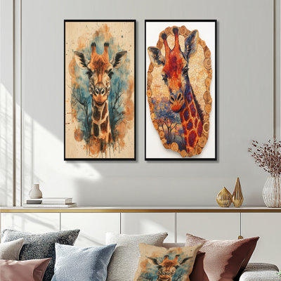 Portrait de girafe silencieux dans un paysage africain III - Collection d'art mural animaux 2 pièces
