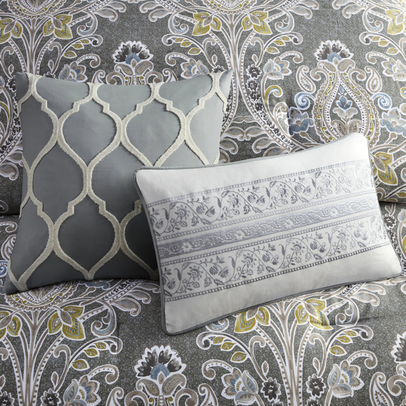 Édredon gris en coton 6 pièces - Motif époustouflant avec détails bleu et jaune
