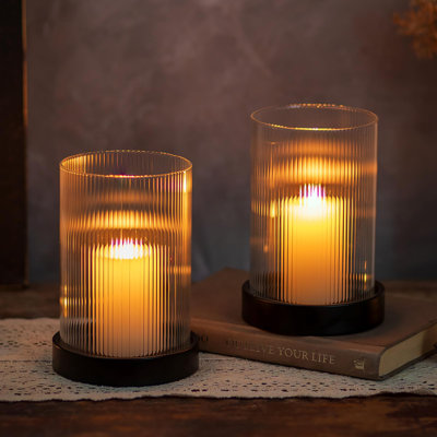 Ribbed Hurricane Candle Holder: Votive Candle Holders Set Of 2, Glass Hurricane With Metal Candle Plate, Pillar Candle Holder For Table Centerpiece Christmas Wedding Holiday Home Decor