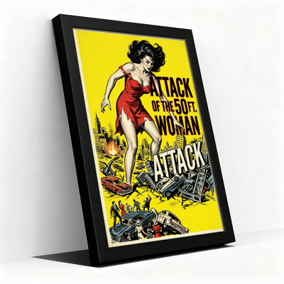 Giant Woman in Red Dress Over City Yellow Background Canvas Wall Art