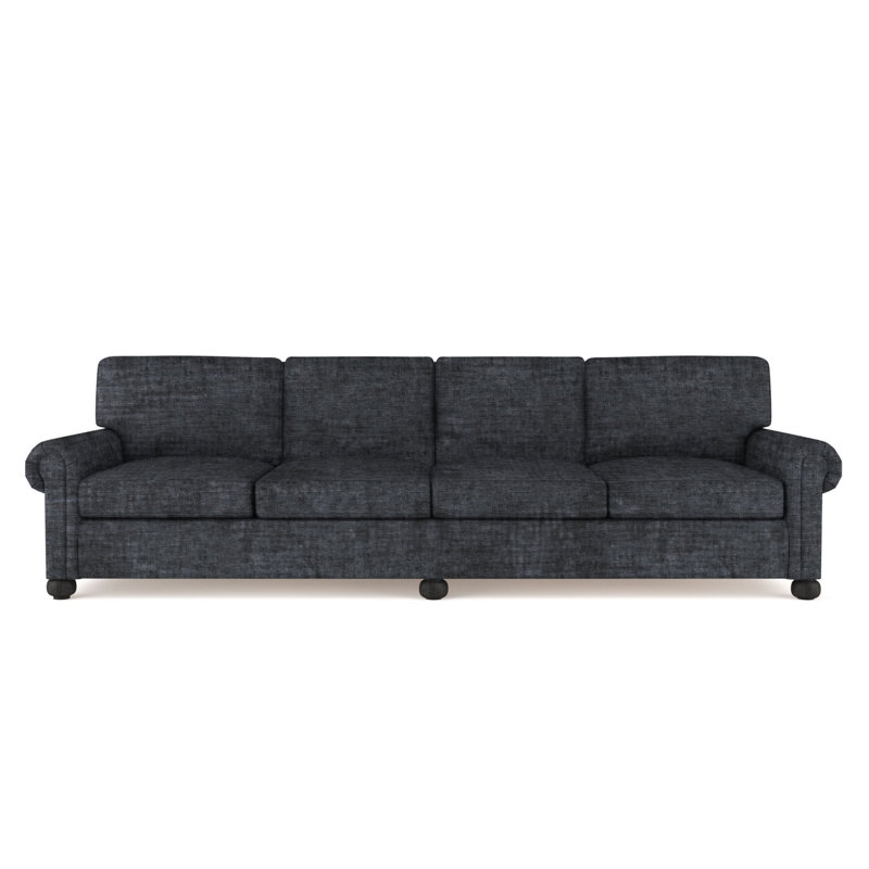 Canapé extra long à panneau roulé avec pieds en oignon Leroy, Patiné, H 36 po x l 120 po x P 49 po, Cuir vieilli noir Jack