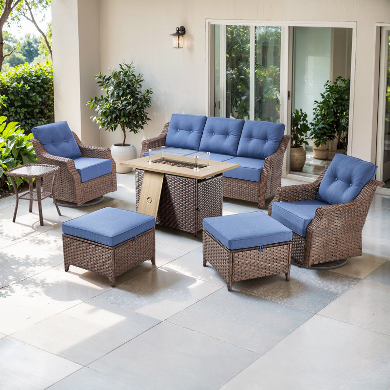 Acton 7 - Pieces Outdoor Wicker Sofa Seating Group With 6" Thick Cushions, Ottomans And Fire Pit, Blue