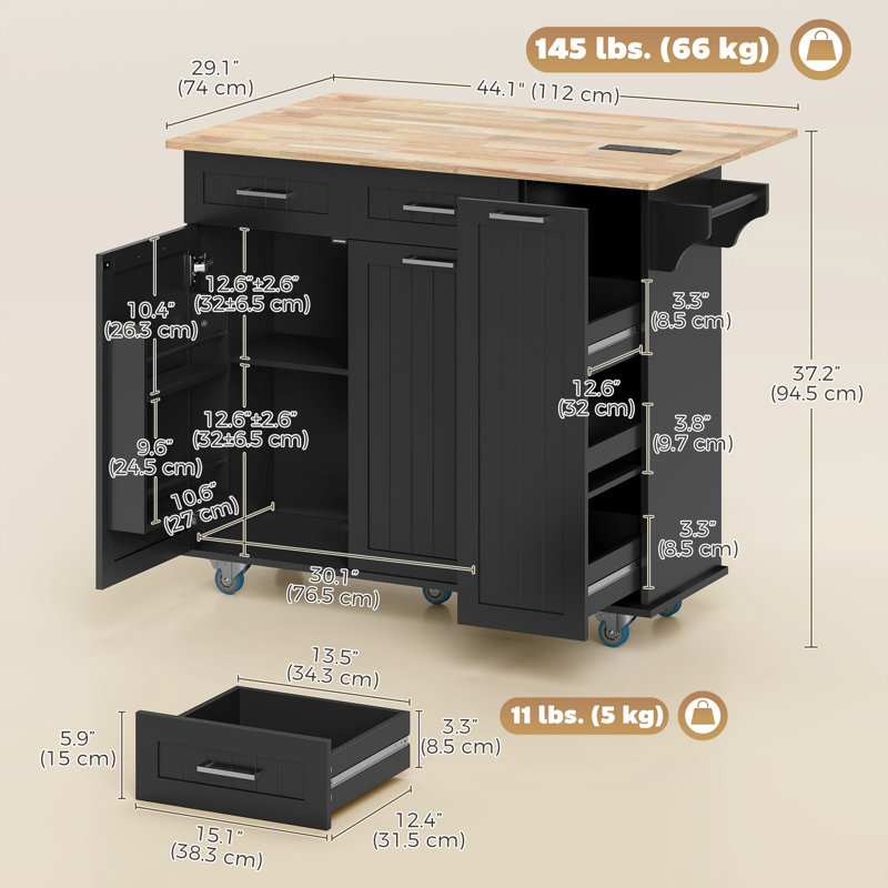 Îlot de cuisine mobile avec station de charge, chariot de cuisine à abattant