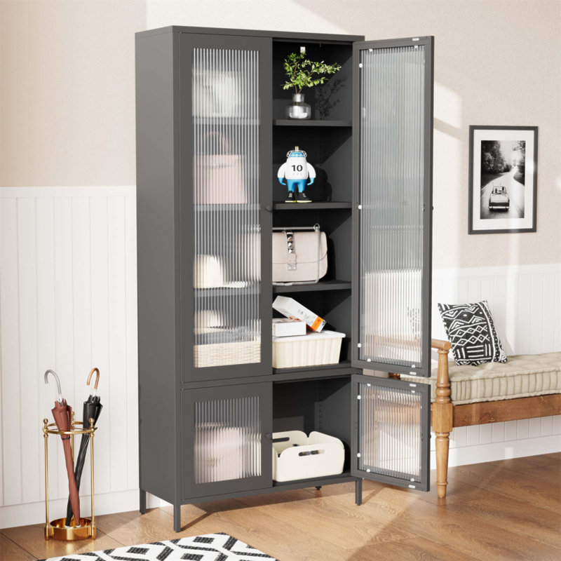 Grande armoire de rangement en métal avec 4 portes en verre et 5 tablettes, parfaite pour organiser et exposer vos objets de valeur