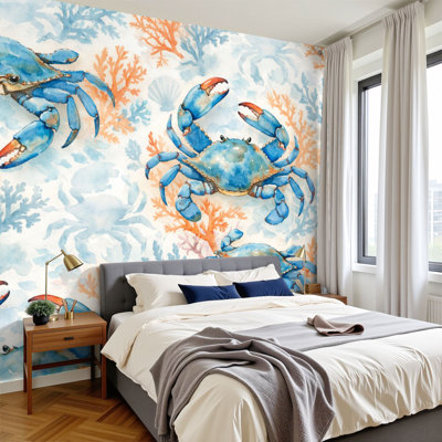 Peel and Stick Wallpaper Blue Crab Coral Seashells Watercolor Wall Murals 100"H x 144"W Removable PVC Wall Paper Self-Adhesive Wall Decor for Bedroom Living Room Home Office