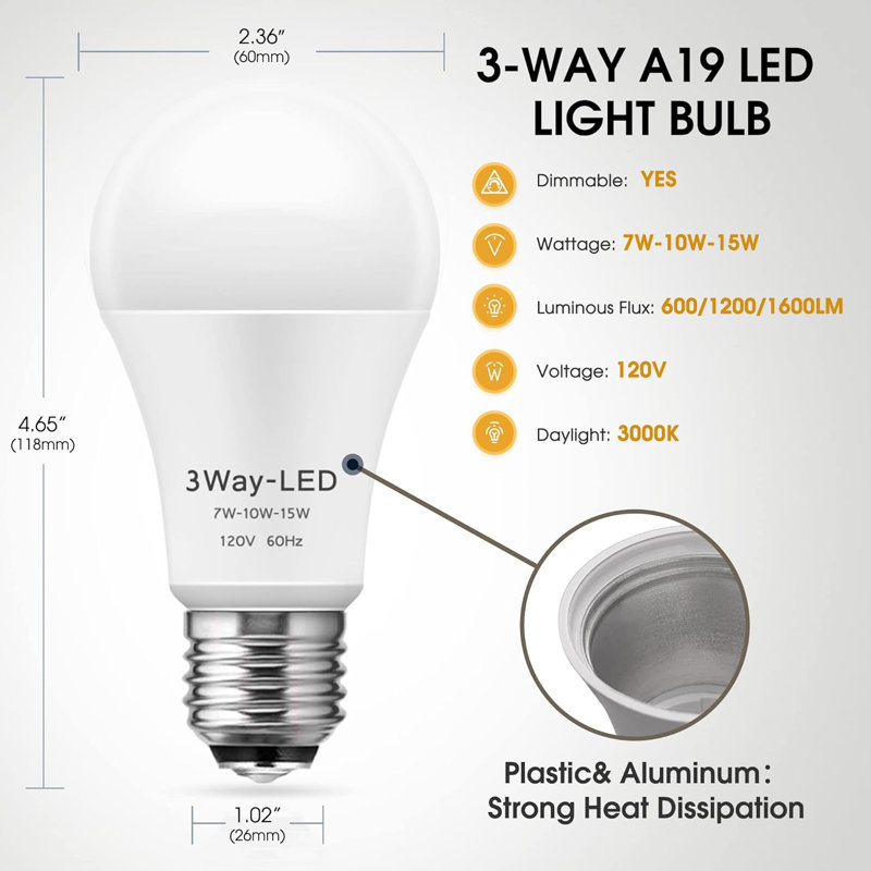 3-Way A19 LED Bulb, 50/100/150W Eqv, 3000K Warm White, E26 Base, 3000 Kelvins