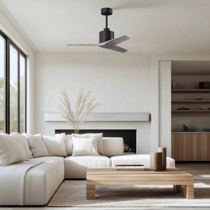 Ventilateur de plafond standard à 3 pales Ertugrul, Noir mat, 42", Ton bois de grange