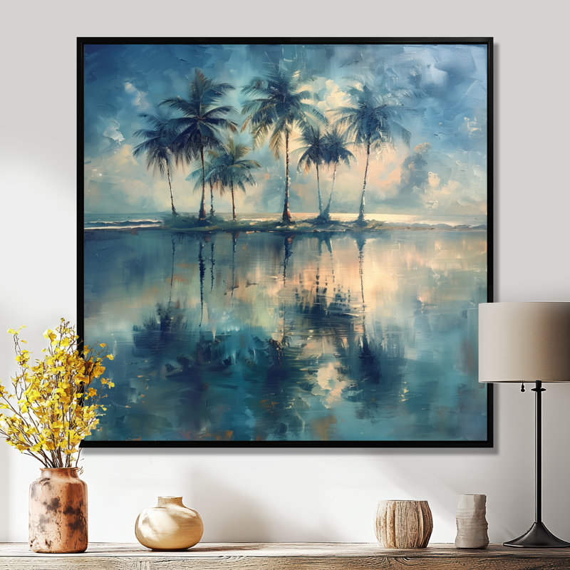 «Blue Palm Trees Reflections I - Palmiers et palmiers», impression d'art mural, Cadre flottant noir, H 16 po x l 16 po