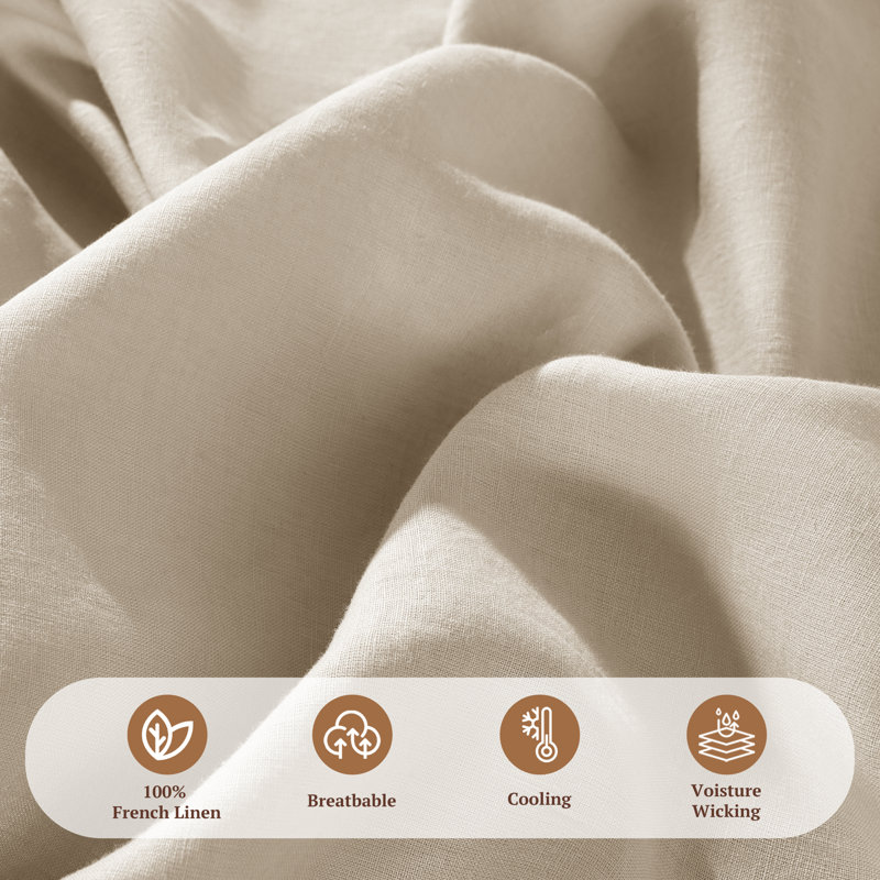 Queen Size Linen Cotton Blend Percale Sheet Set in Light Beige