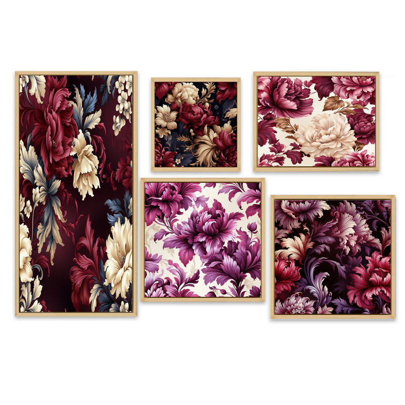 Ellesmere - ensemble de 5 reproductions d'art sur toile florale, Cadre flottant brun