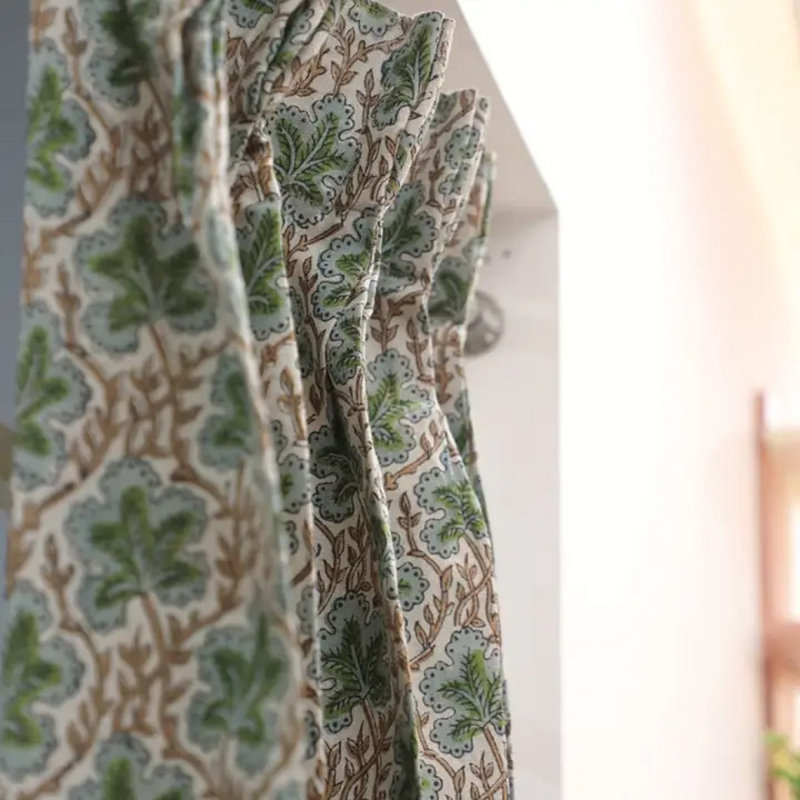 Green Block Print Linen Pleated Curtain Panel Artisan Crafted Elegant Window Drapes for Living Room & Bedroom Décor