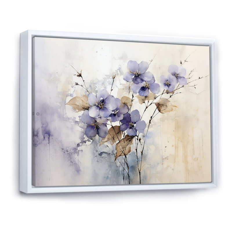 Beige et mauve orné de violettes - Violettes, reproductions encadrées, Cadre flottant blanc, H 24 po x l 32 po x P 1 po