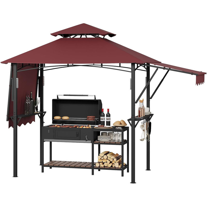 8x5 ft Double-Tier Grill Gazebo with Dual Adjustable Side Awnings, 2 Shelves, 7 Hooks & Ceiling Light Hook, Heavy Duty Steel Frame for Backyard, Patio