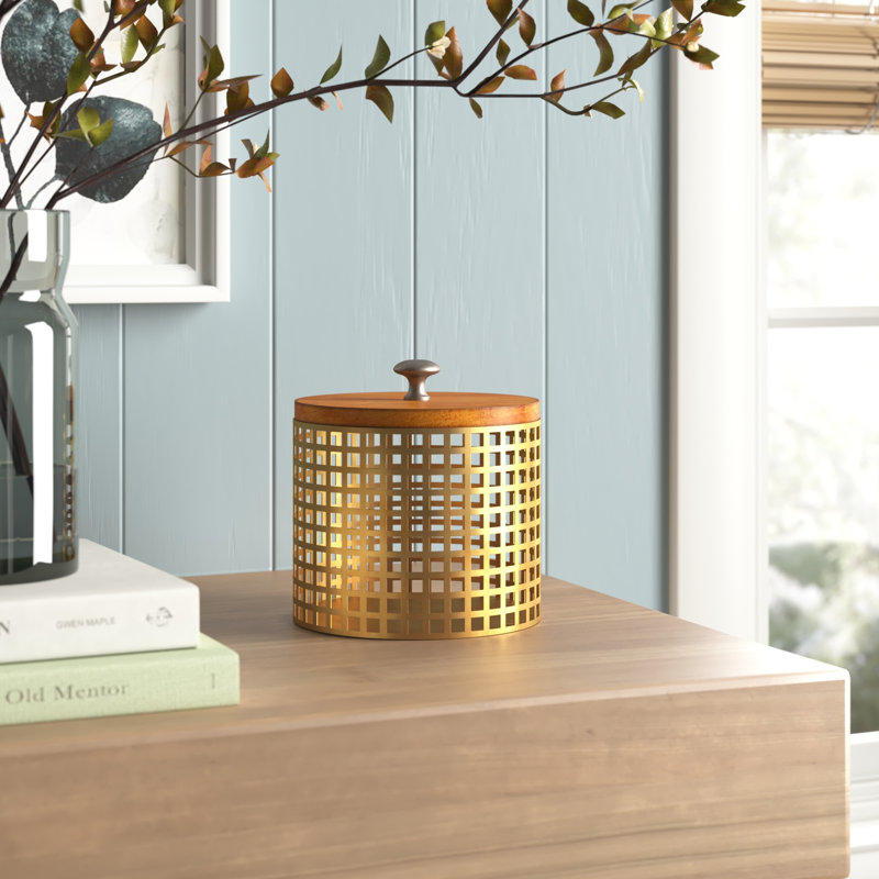 Bronze Cylindrical Metal Decorative Box with Wooden Lid