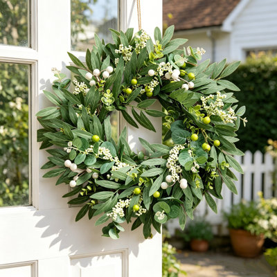 Spring Summer Farmhouse Style Artificial Leaves Wreath with Berries, 50Cm/19.7in Seasonal Welcome Garland For Outdoor Garden Yard Wall Hanging Decorative Swags