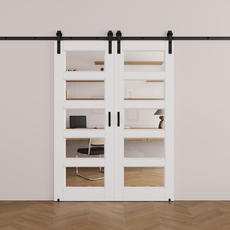 Porte de grange coulissante en verre transparent blanc apprêté 5-Lite avec trousse de quincaillerie d'installation / aucun assemblage requis