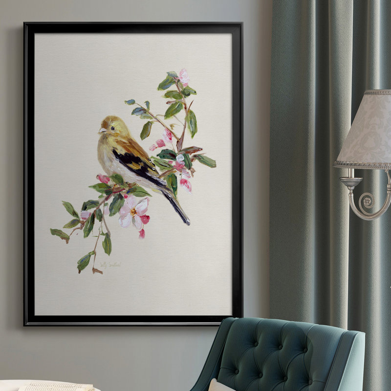 Spring Song Pine Grosbeak - Peinture sur toile encadrée, Cadre noir, H 26,5 po x l 36,5 po x P 1,5 po