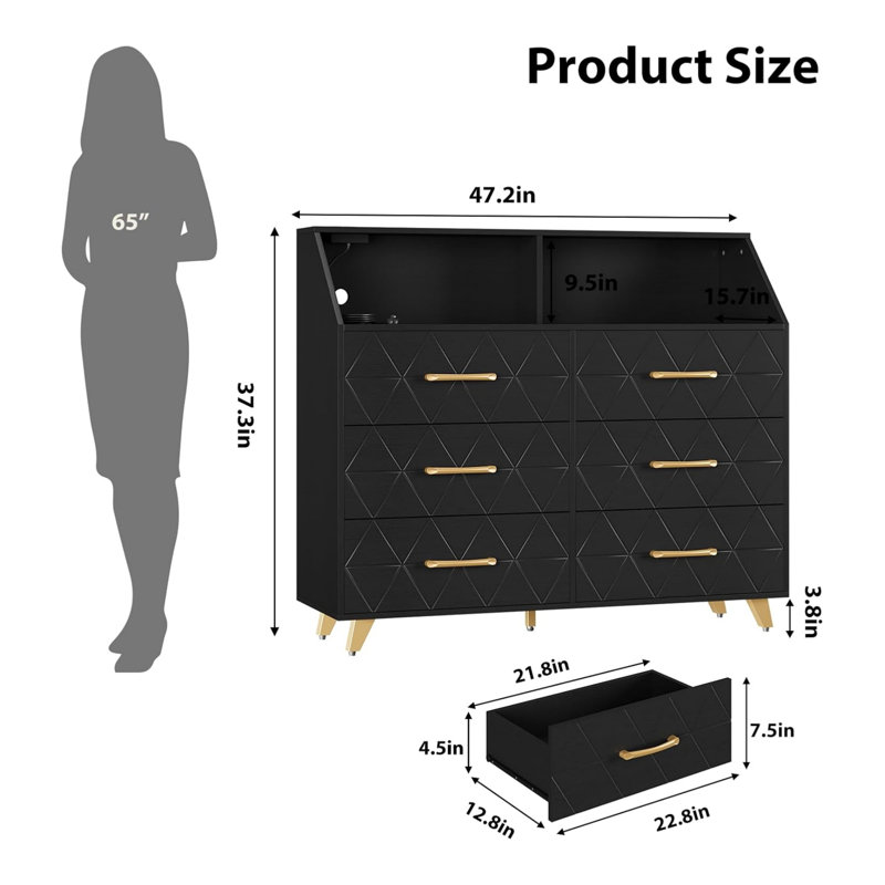 119.9 cm W Chest of 6 Drawers, Black