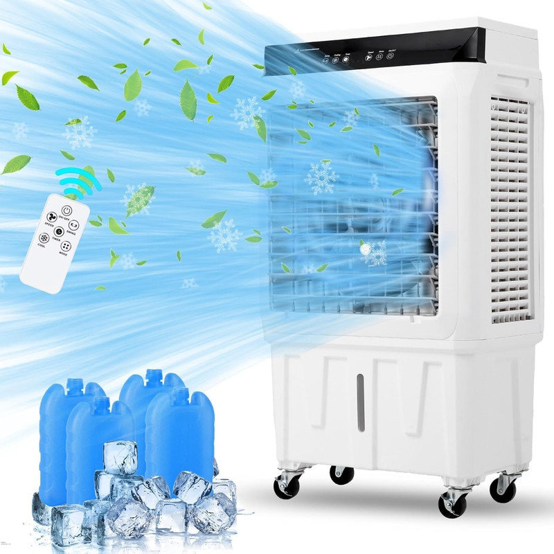 Refroidisseur d'air par évaporation 8,4 gallons 4 100 pi³ / min avec télécommande et minuterie 12 heures, 3 modes et vitesses, oscillation de 120 °, 4 blocs de glace pour l'extérieur, l'intérieur et le garage
