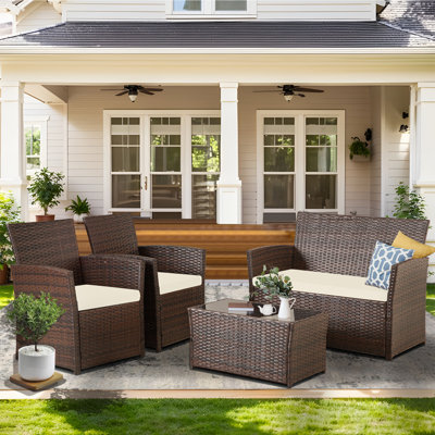 All-Weather 4-Piece PE Wicker Patio Conversation Furniture Set with Cushions
