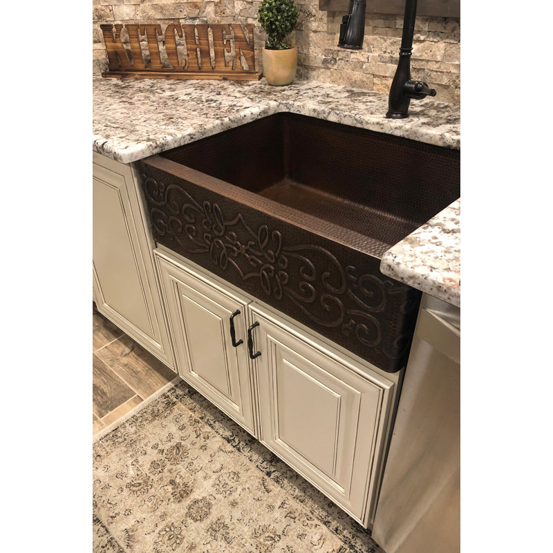 30" Hammered Copper Apron Front Single Basin Kitchen Sink with Scroll Design