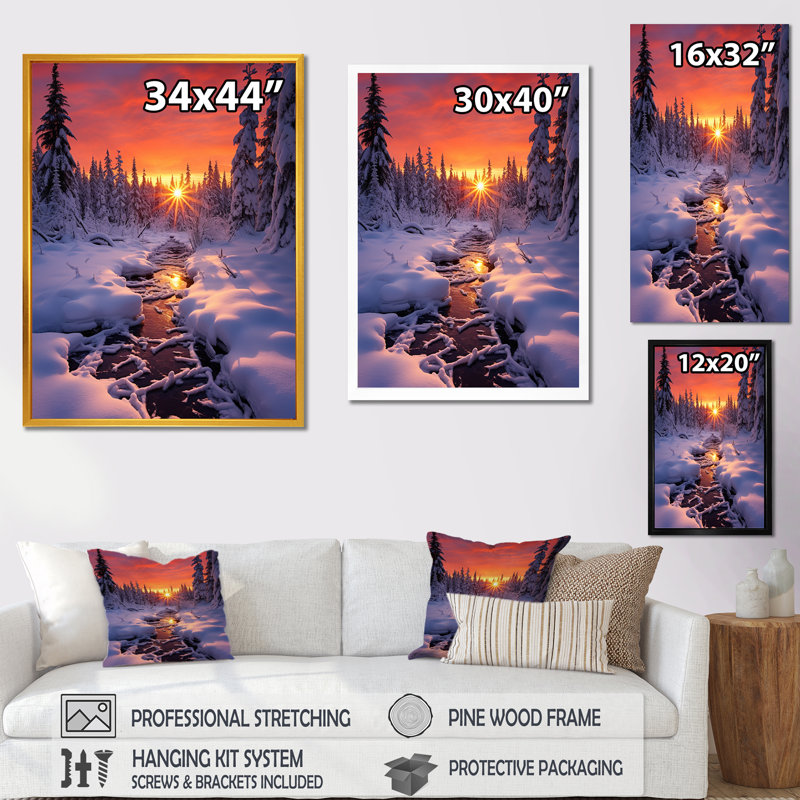 Rose et jaune en hiver lever de soleil III - paysage d'hiver, Cadre flottant brun, H 32 po x l 24 po x P 1 po