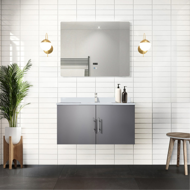 Meuble-lavabo gris foncé de 91 cm (36 po) avec comptoir et robinet en quartz blanc, miroir à DEL – Surface teintée durable et résistante aux taches