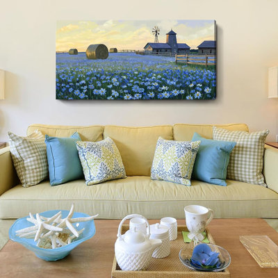 Large Wall Art Farmhouse Sunset Flower Art Work Rustic Farm Daisy Wildflower Barn Canvas Print Landscape Blue Yellow Picture Nature Floral Artwork For Living Room Bedroom Office Decor 48"X24"