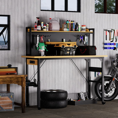 71''Adjustable Workbench With Pegboard, Heavy Duty Wooden Desktop Workbench With Wheels, 1600 Lb. Load Capacity, Rolling Workbench With AC/USB Outlet, Hooks, Shelf, For Garage, Workshop, Office, Home.
