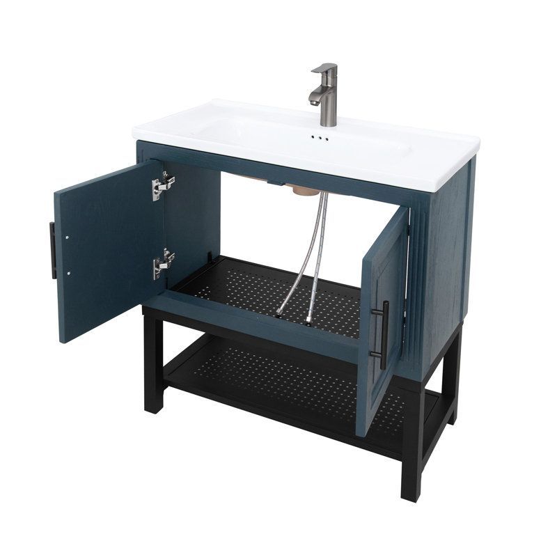 Armoire de salle de bain autoportante 32 po avec lavabo en céramique blanche sans couture et robinet texturé, 2 portes, tablette ouverte, pieds réglables, patins de rangement modernes pour l'eau froide et douce, style