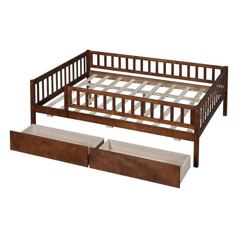 Kids Daybed Wood Bed with Two Drawers, Walnut, Full