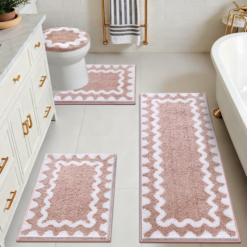 Absorbent Non-Slip Washable Bath Mat Bathroom Rug(Set of 4), Red Geometric