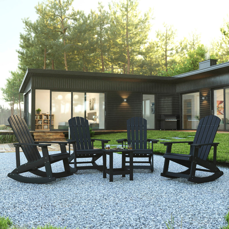 Black 5-Piece Poly Resin Adirondack Rocking Patio Set