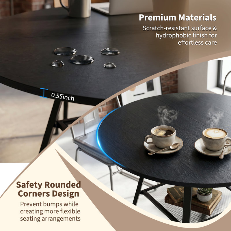 Industrial 42" Round Dining Table Set With Upholstered Chairs, 7 Pieces: Table, 6 Chairs, Noir, Blanc