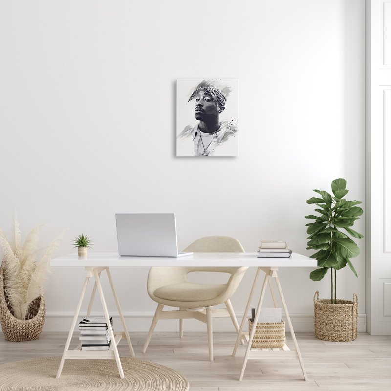 Tupac, portrait moderne, abstrait, noir et blanc, art mural surdimensionné par Birch & Ink, H 20 po x l 16 po x P 1,5 po