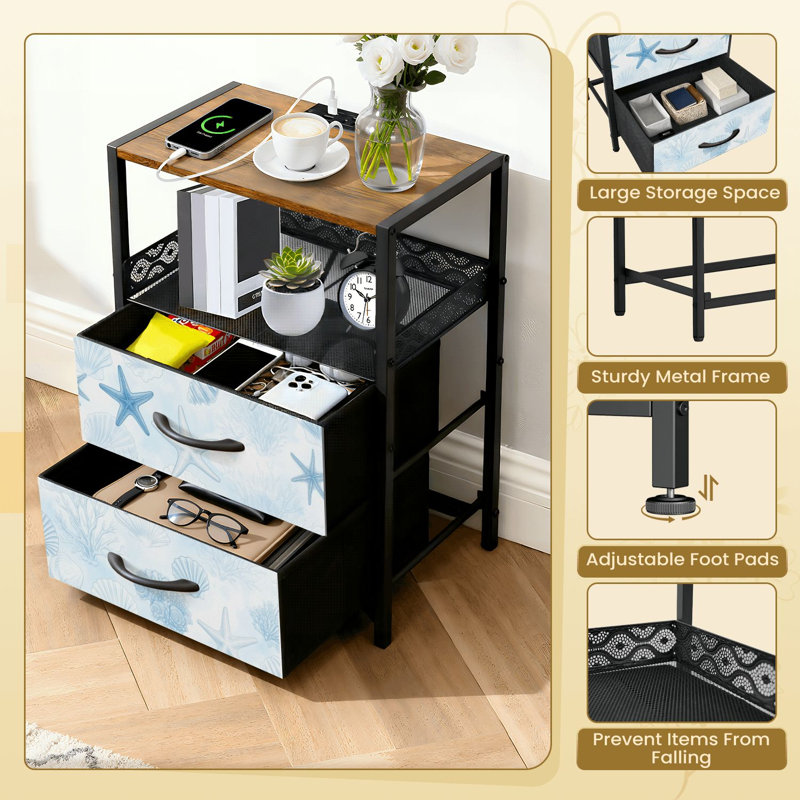 Table de chevet 2 tiroirs en tissu avec station de charge coquillage étoile de mer corail aux tons bleus doux Table de bout avec ports USB
