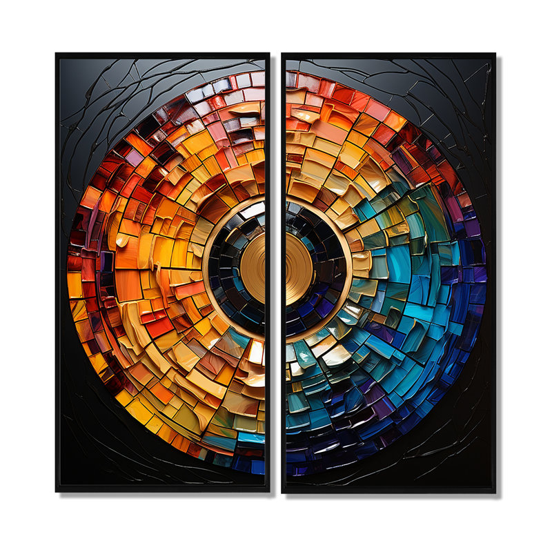 Disque vinyle coloré mosaïque II - impressions sur toile multicolores 2 panneaux, 40" H x 40" W, Black