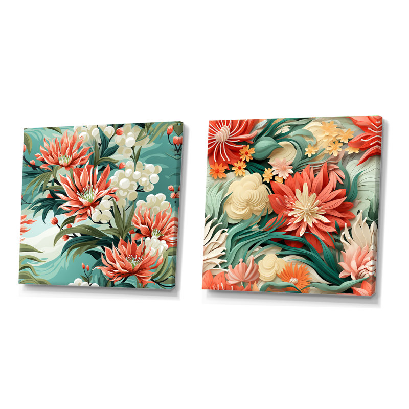 Tropical Coastal Escape - Ensemble de 2 collages carrés floraux, Toile tendue, H 30 po x l 61 po