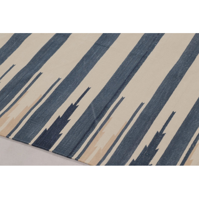 Rug & Kilim’S Indian Dhurrie Rug In Navy And Cream With Geometric Borders