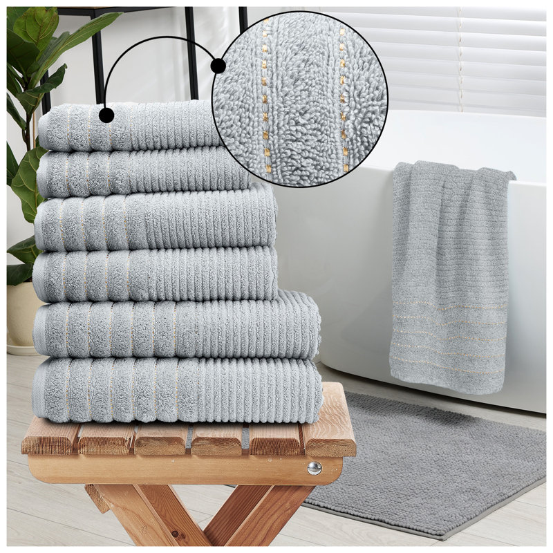 6 Pack Hotel Quality Cotton Towel Set | Soft, Thick, Absorbent Family Towels Pack with 2 Bath, 2 Hand, 2 Washcloths, Silver