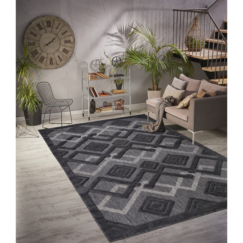 Tapis d'extérieur à motif géométrique moderne et contemporain gris, Rectangle 2 pi 7 po x 4 pi 11 po