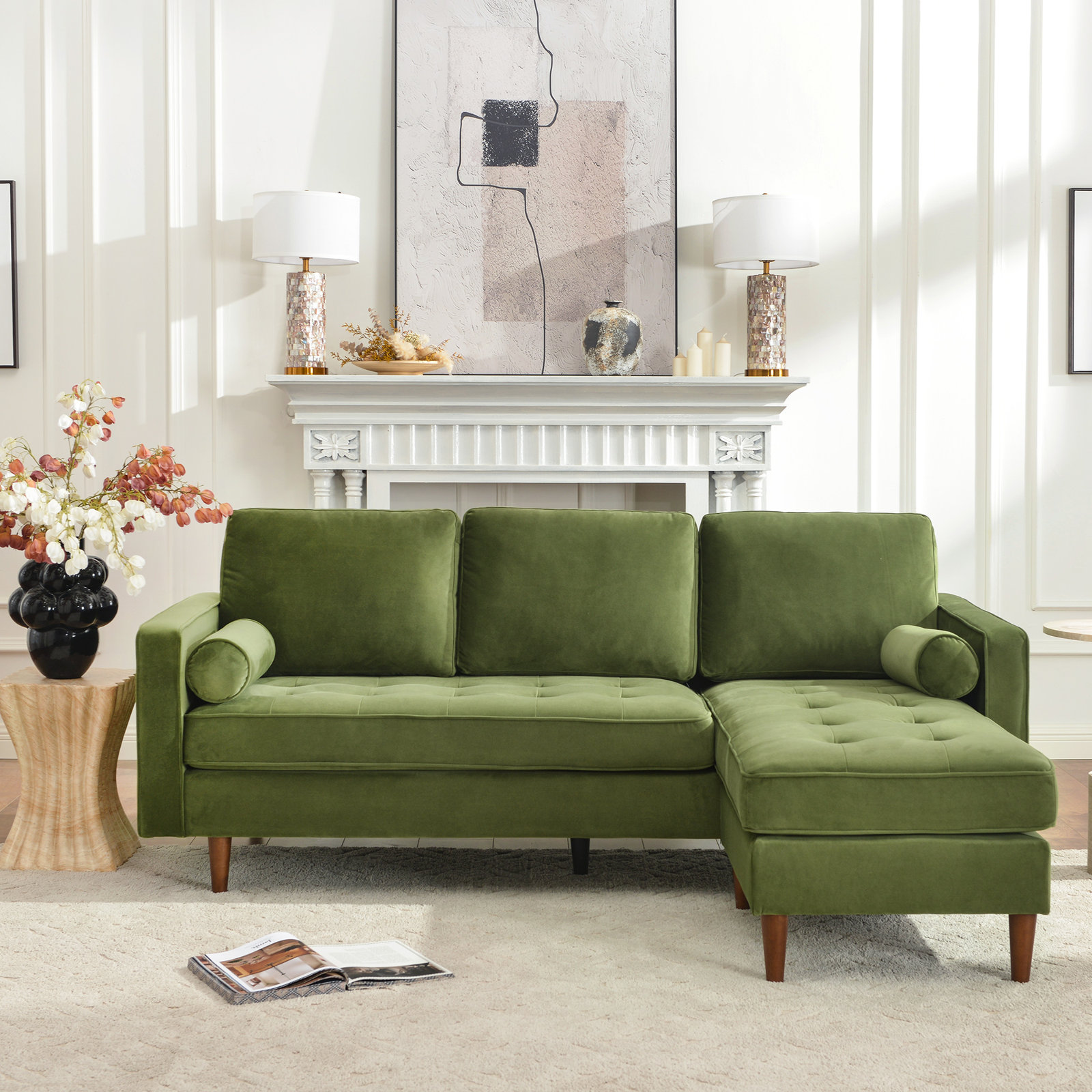 Geo Linen Reversible Sofa and Chaise, Olive Green Velvet