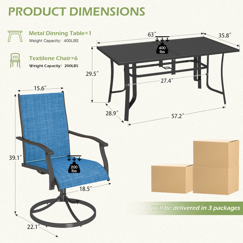 7 Piece Patio Dining Set, Outdoor Dining Table And Chairs Set For 6, 6 Swivel Chairs, 1 Iron Rectangular Table With Adjustable Umbrella Hole (1.57"-1.97"), Patio Furniture Set For Deck, Backyard, Lawn, Poolside, Brown/Gray/Blue