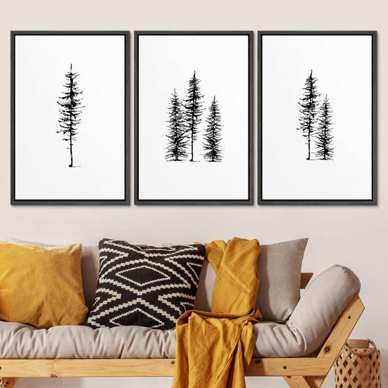 «Black and White Winter Pine Minimalist Modern», ensemble de 3 reproductions d'art encadrées sur toile, L 72 po x H 36 po