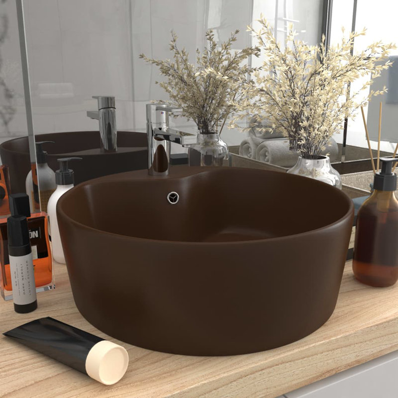 Belfry Bathroom Mccree 360mm L x 360mm W Ceramic Circular Sink with Overflow, Dark Brown