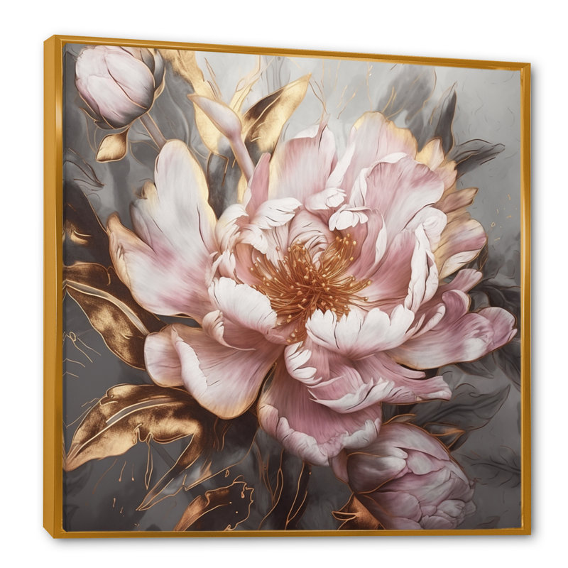 «Pink Gold Pe pivoens Petals» - reproduction d'art sur toile encadrée, H 16 po x l 16 po, Reproduction avec cadre flottant